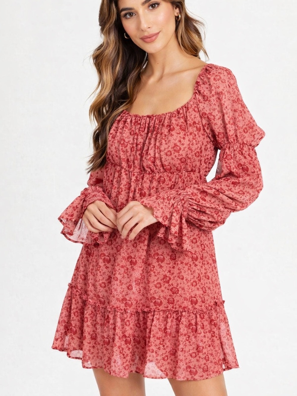 NWT Altar'd State Rose Pink Red Floral Valentines Long Sleeve Chiffon Dress M